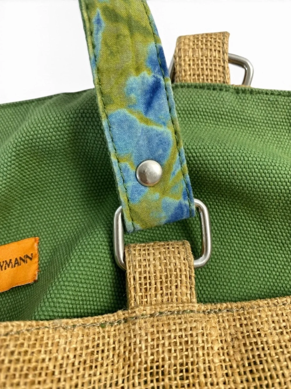 Roberta Freymann “Ro’s Voyages” Reversible Burlap Jute Tote Tie-Die Boho Bag